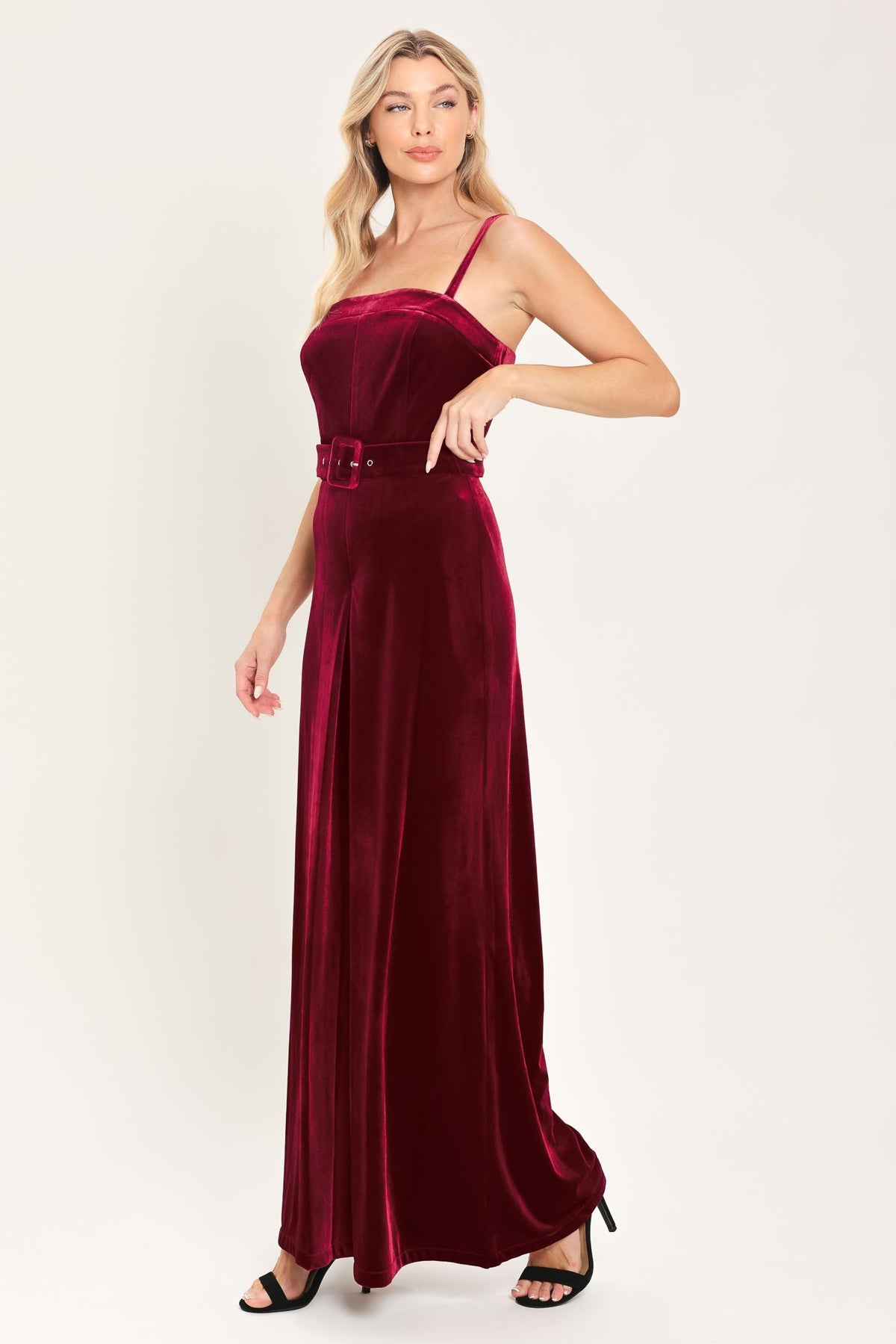 WINE AFTER DARK VELVET BELTED WIDE-LEG JUMPSUIT - Flying Tomato - Flyclothing LLC