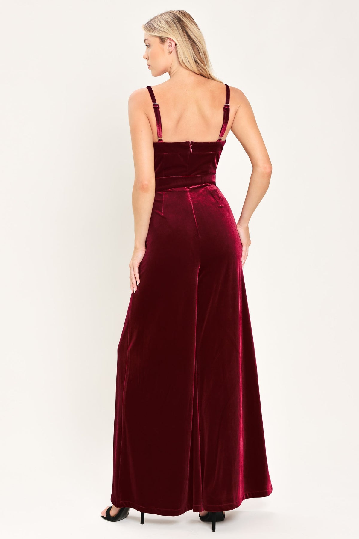 WINE AFTER DARK VELVET BELTED WIDE-LEG JUMPSUIT - Flying Tomato - Flyclothing LLC