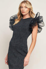 VOLUMINOUS POWER METALLIC MIDI DRESS - Flying Tomato - Flyclothing LLC
