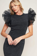 VOLUMINOUS POWER METALLIC MIDI DRESS - Flying Tomato - Flyclothing LLC
