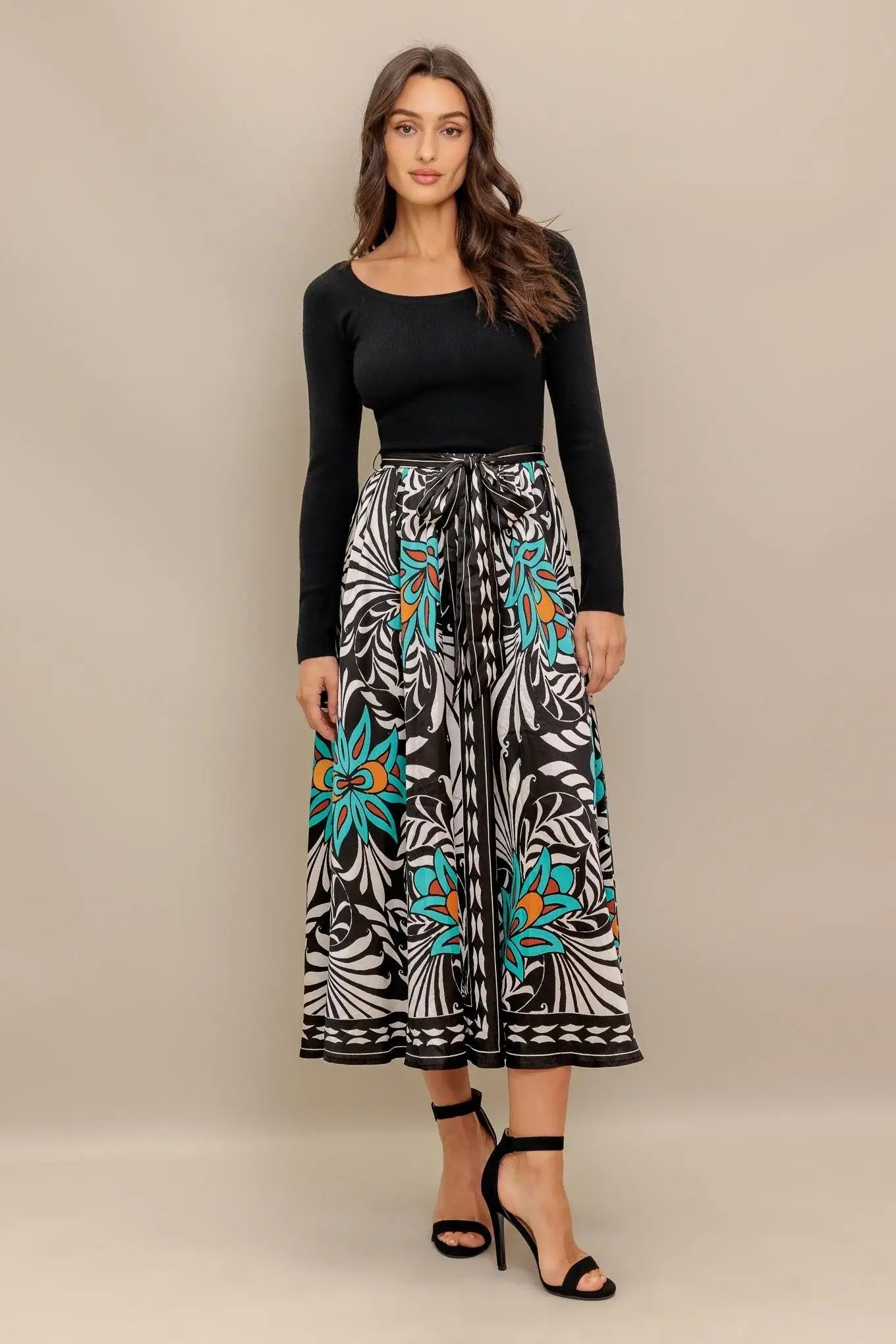 SUNBURST GARDEN BLACK MIDI DRESS - Flying Tomato - Flyclothing LLC
