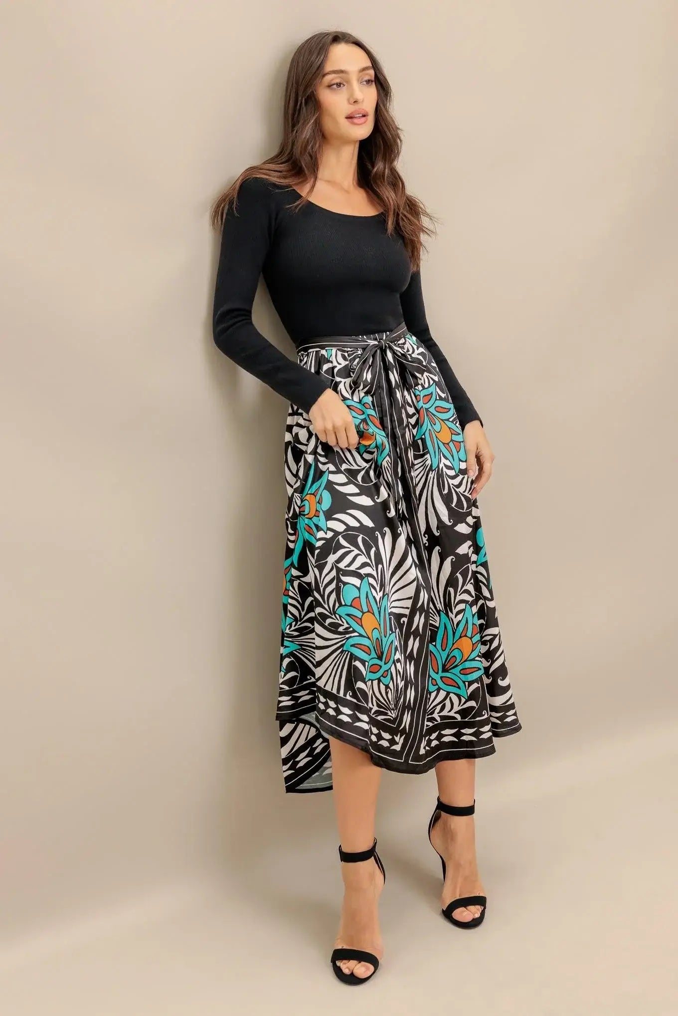 SUNBURST GARDEN BLACK MIDI DRESS - Flying Tomato - Flyclothing LLC