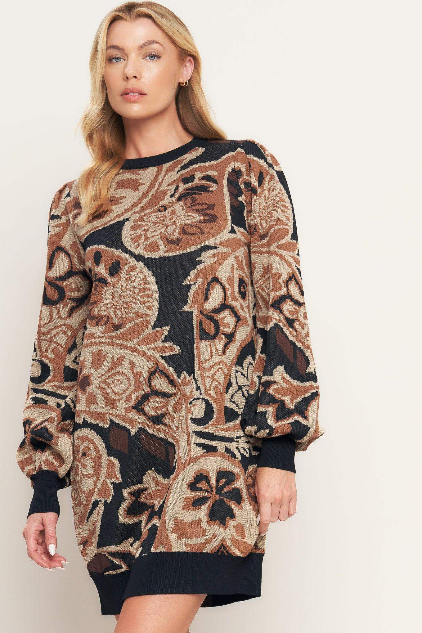 BAROQUE HAVANA SWEATER KNIT MINI DRESS - Flying Tomato - Flyclothing LLC