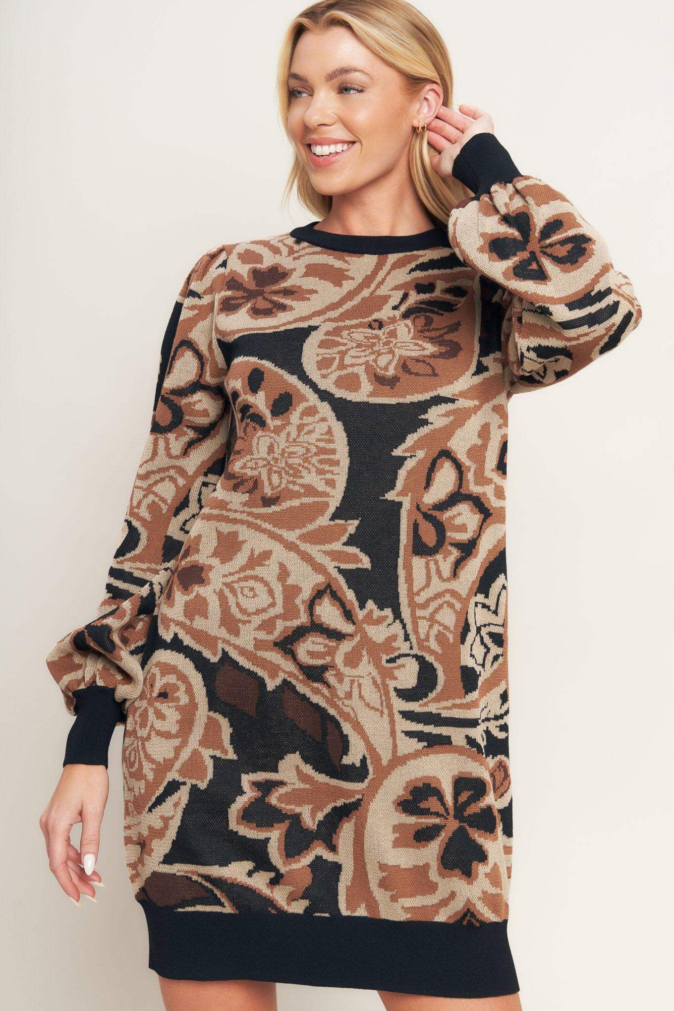 BAROQUE HAVANA SWEATER KNIT MINI DRESS - Flying Tomato - Flyclothing LLC