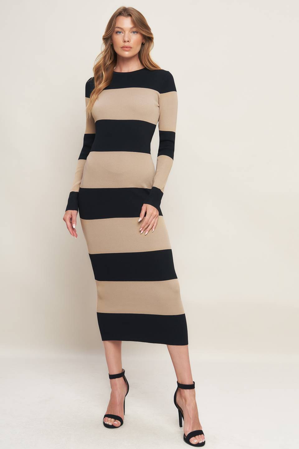 ESPRESSO & CREAM SWEATER KNIT MIDI DRESS - Flying Tomato - Flyclothing LLC