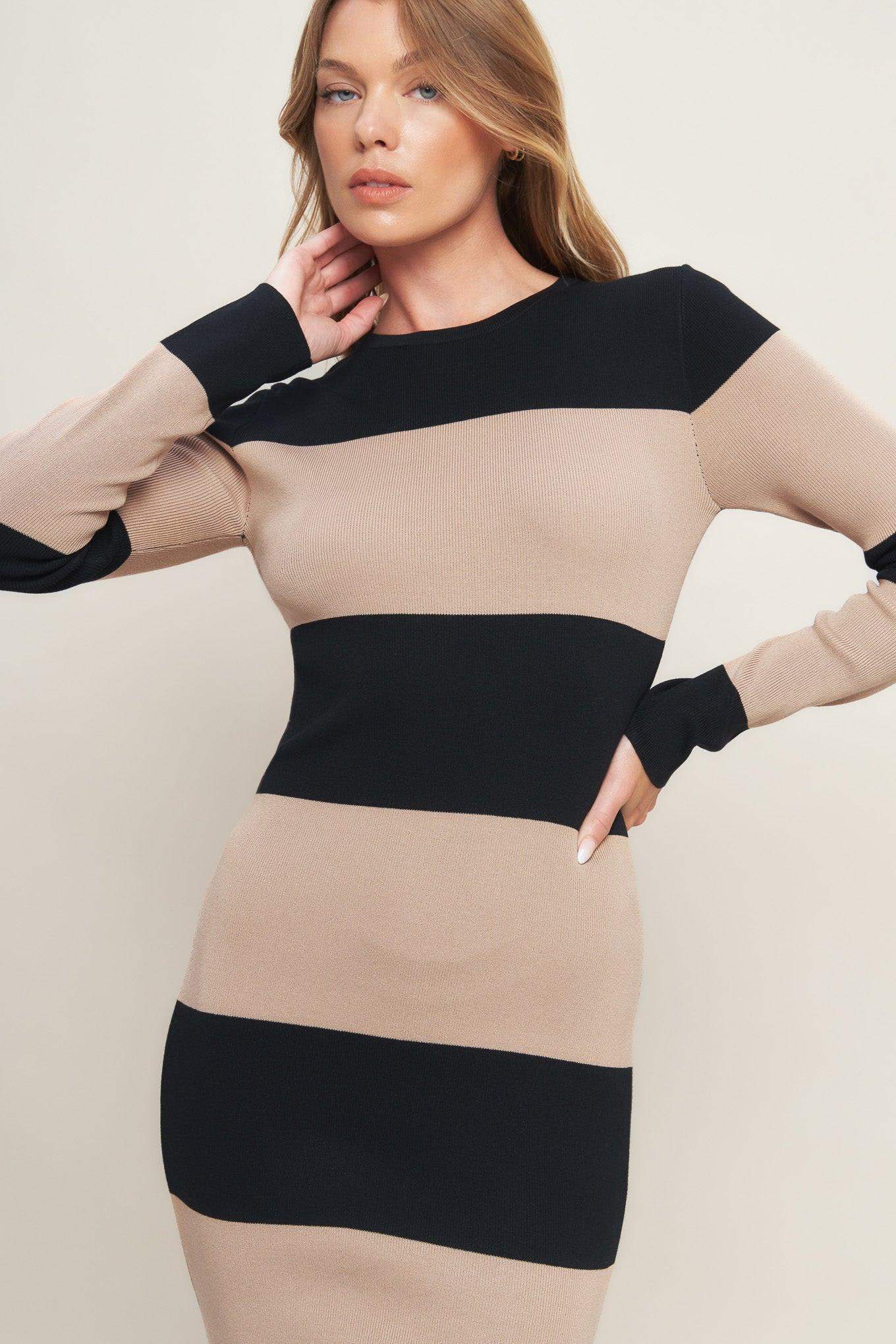 MODERN ATTITUDE STRIIP SWEATER MIDI DRESS - Flying Tomato - Flyclothing LLC