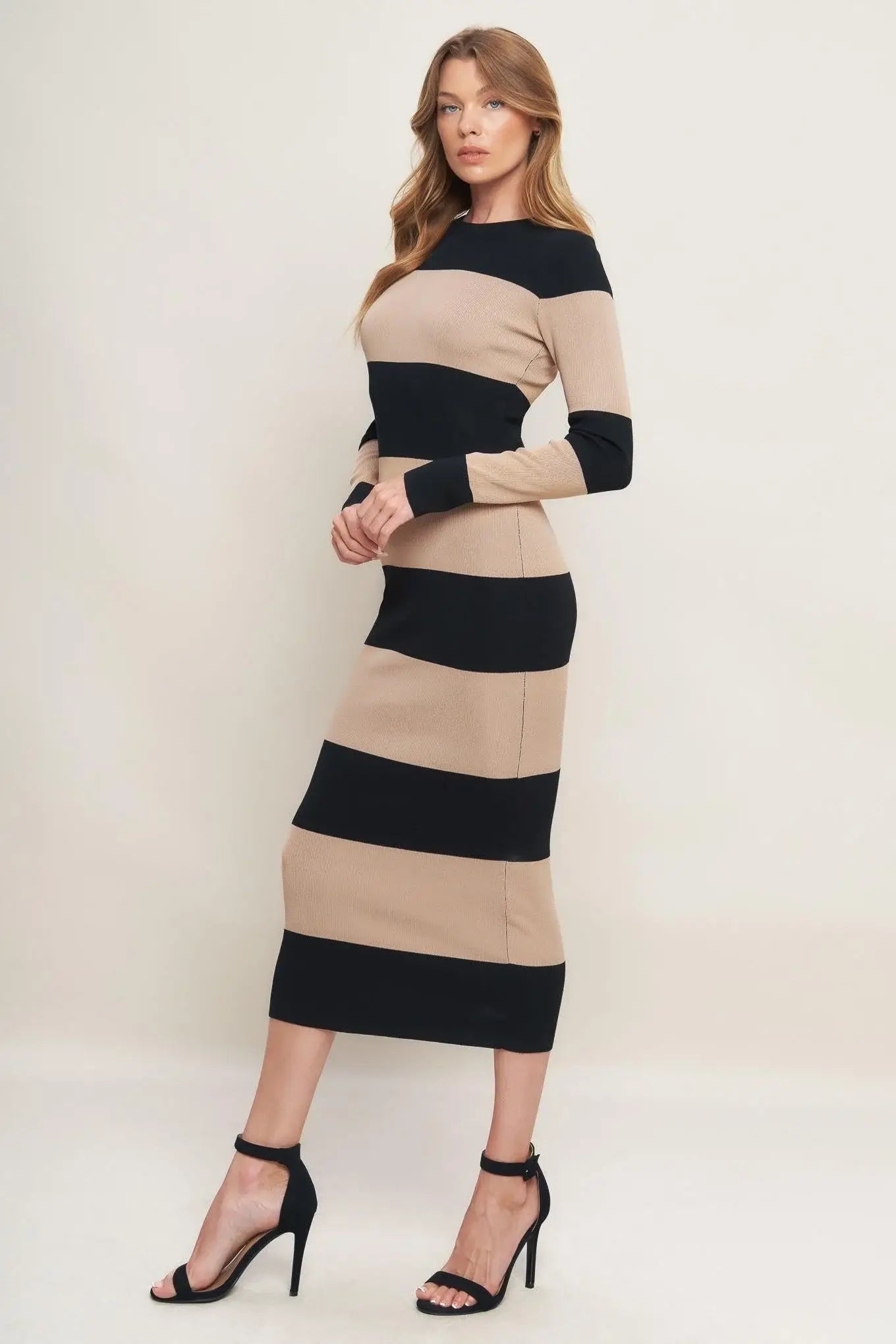 MODERN ATTITUDE STRIIP SWEATER MIDI DRESS - Flying Tomato - Flyclothing LLC