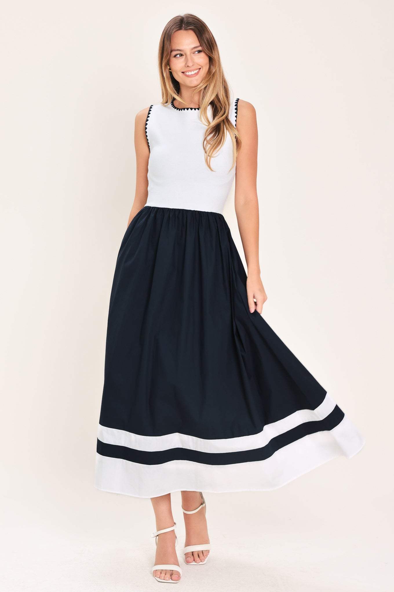EVERYDAY ELEGANCE WOVEN COMBINATION MIDI DRESS - Flying Tomato - Flyclothing LLC