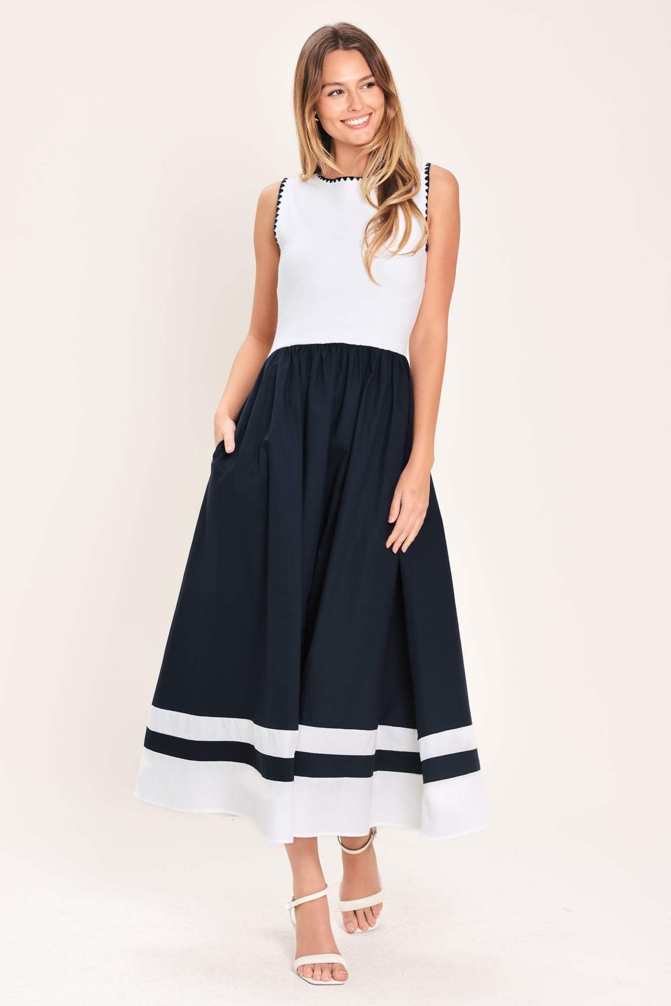 EVERYDAY ELEGANCE WOVEN COMBINATION MIDI DRESS - Flying Tomato - Flyclothing LLC