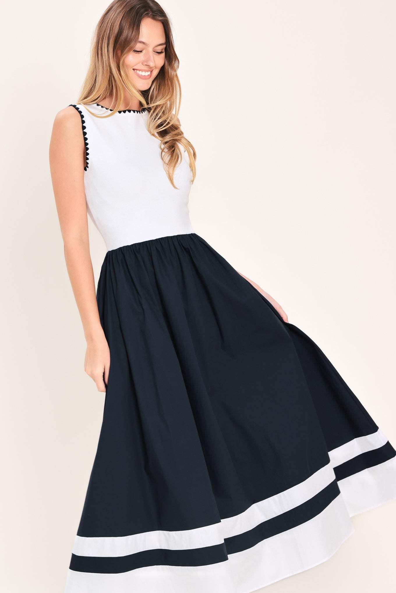 EVERYDAY ELEGANCE WOVEN COMBINATION MIDI DRESS - Flying Tomato - Flyclothing LLC