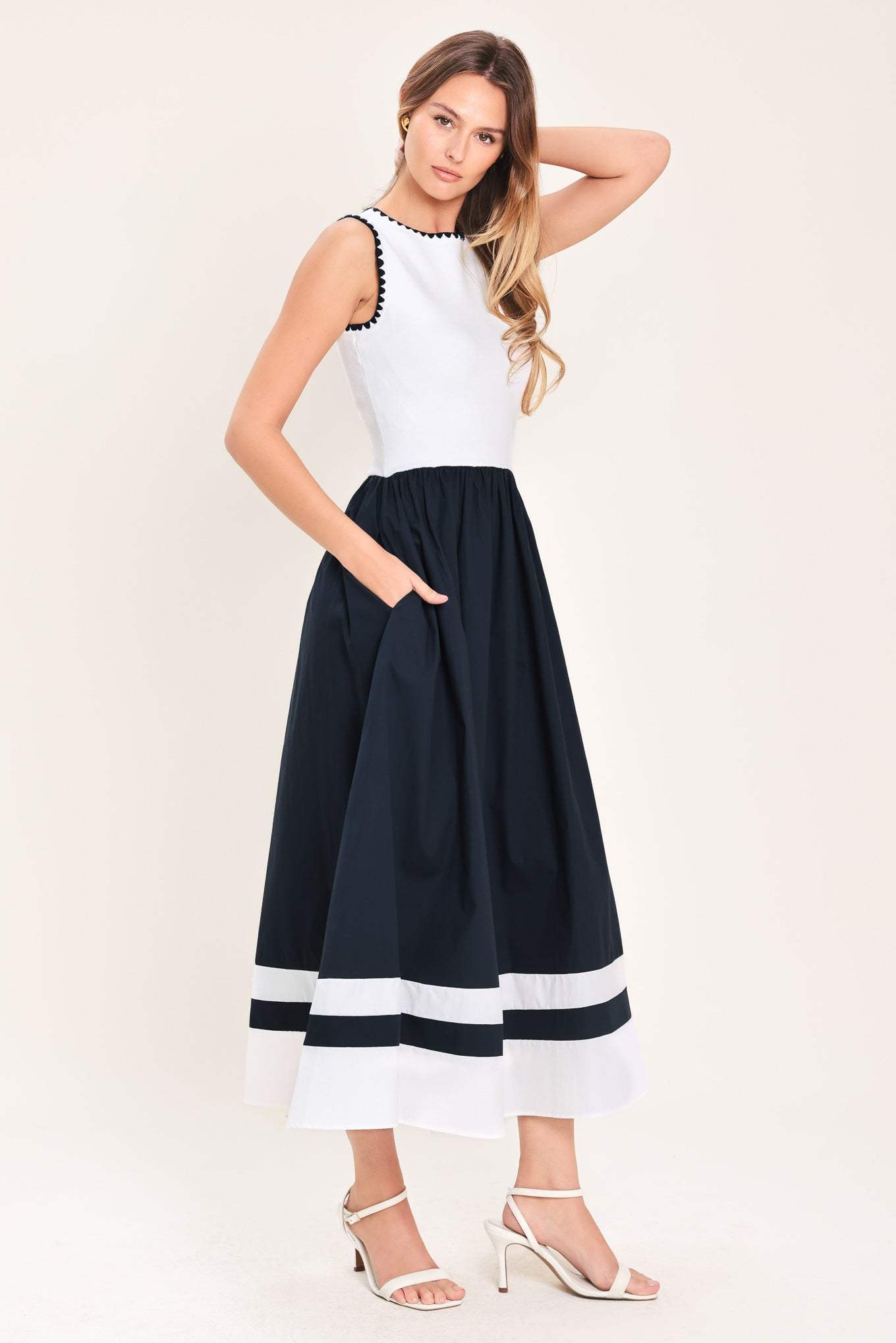 EVERYDAY ELEGANCE WOVEN COMBINATION MIDI DRESS - Flying Tomato - Flyclothing LLC