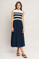 STRIPE ELEGANCE SWEATER WOVEN MIDI DRESS - Flying Tomato - Flyclothing LLC