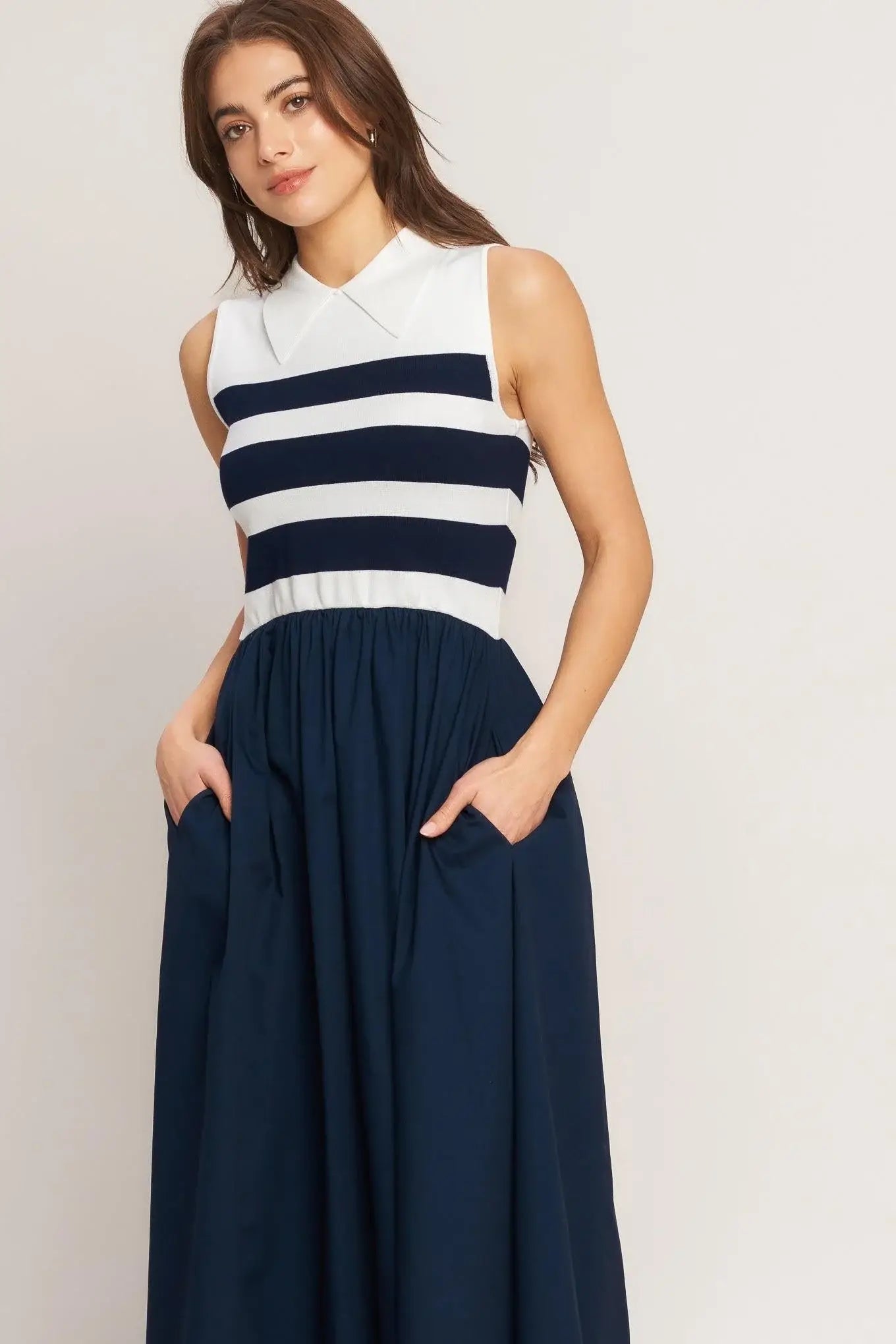 STRIPE ELEGANCE SWEATER WOVEN MIDI DRESS - Flying Tomato - Flyclothing LLC