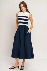STRIPE ELEGANCE SWEATER WOVEN MIDI DRESS - Flying Tomato - Flyclothing LLC