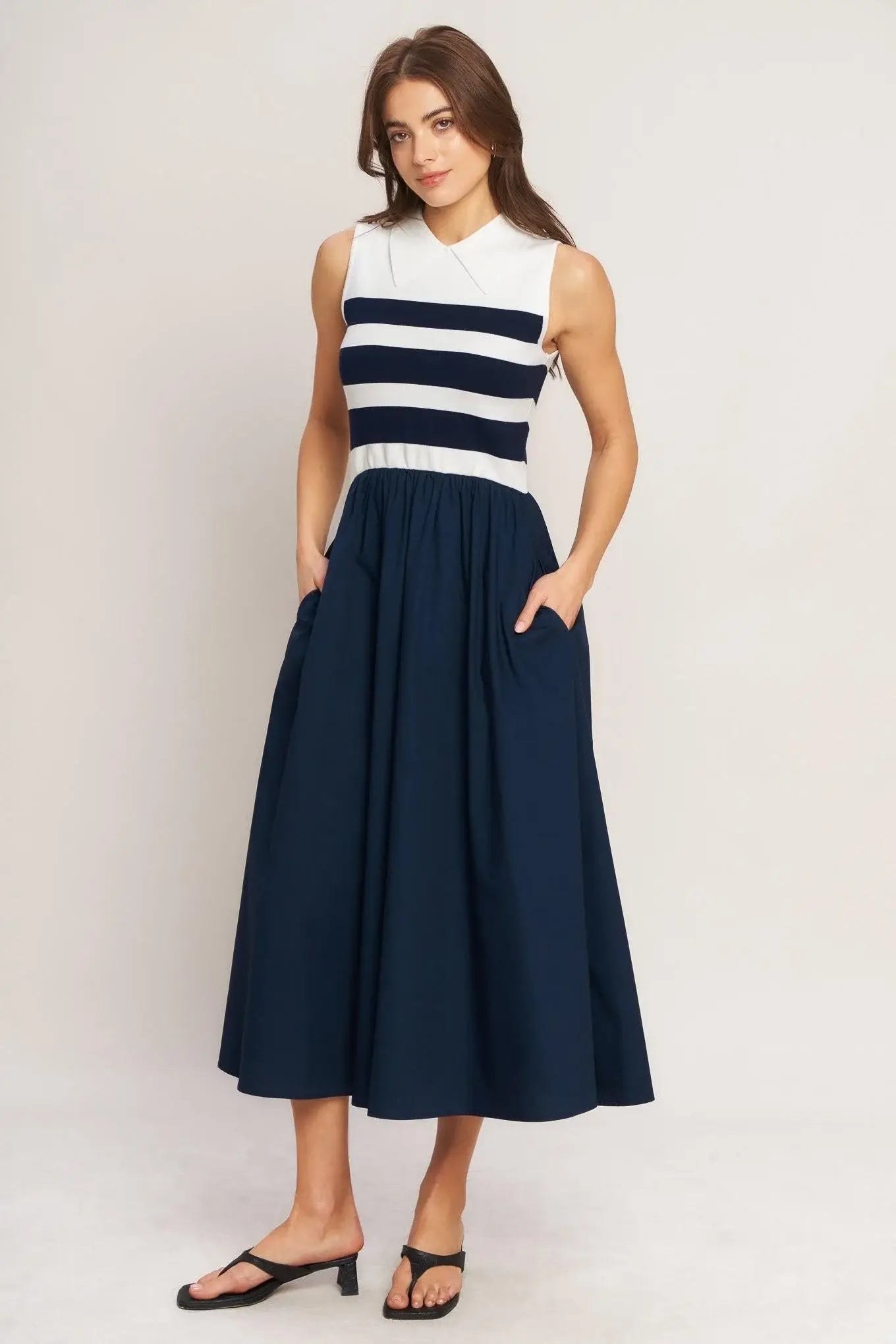 STRIPE ELEGANCE SWEATER WOVEN MIDI DRESS - Flying Tomato - Flyclothing LLC