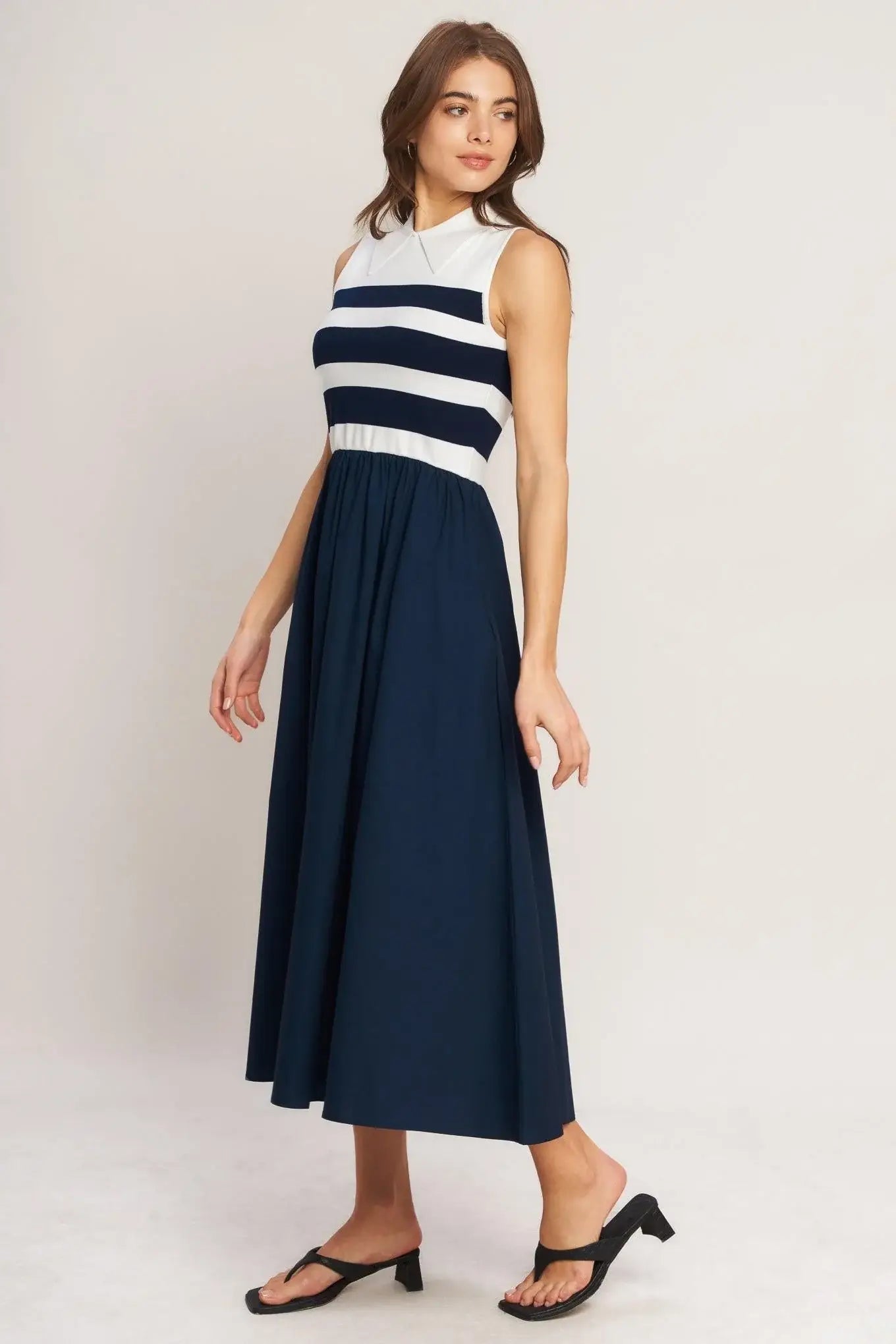 STRIPE ELEGANCE SWEATER WOVEN MIDI DRESS - Flying Tomato - Flyclothing LLC