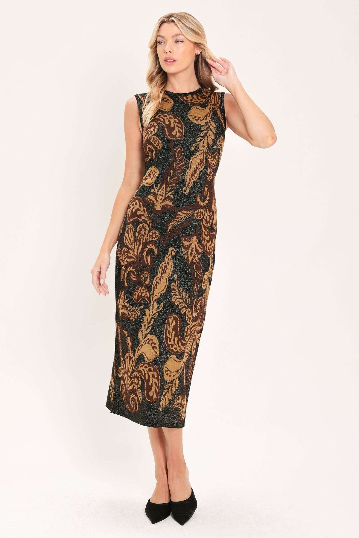VINTAGE GARDEN JACQUARD SWEATER KNIT MIDI DRESS