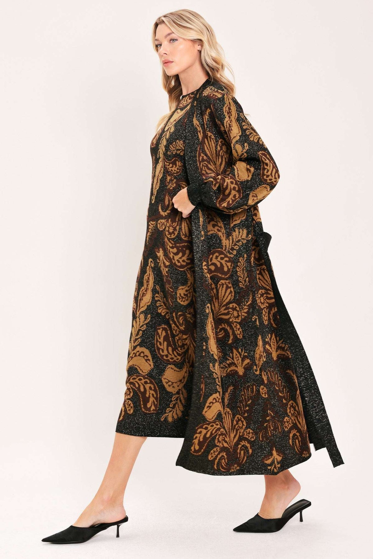 VINTAGE GARDEN JACQUARD SWEATER KNIT MIDI DRESS