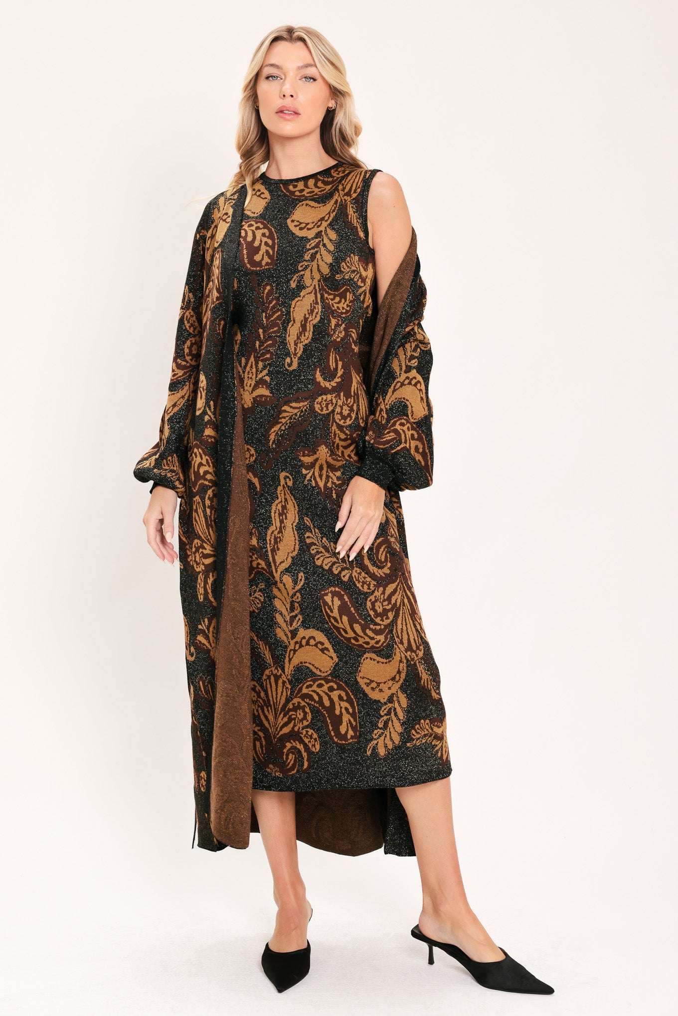 VINTAGE GARDEN JACQUARD SWEATER KNIT MIDI DRESS