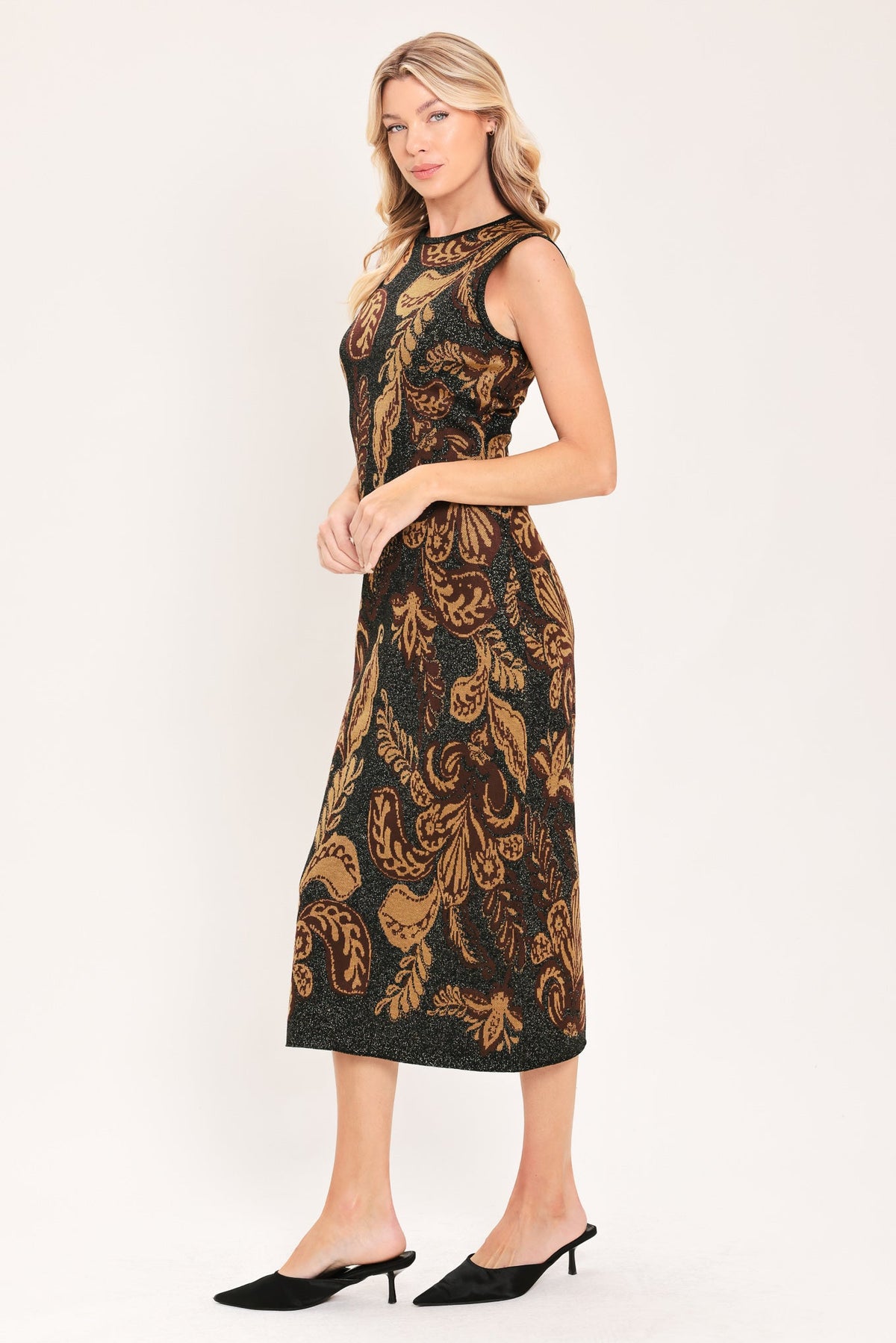 VINTAGE GARDEN JACQUARD SWEATER KNIT MIDI DRESS - Flying Tomato - Flyclothing LLC
