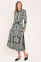 MIDNIGHT MUSE BLACK JACQUARD SWEATER MIDI DRESS