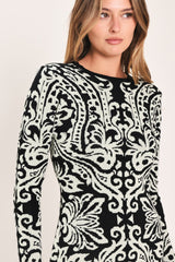 MIDNIGHT MUSE BLACK JACQUARD SWEATER MIDI DRESS