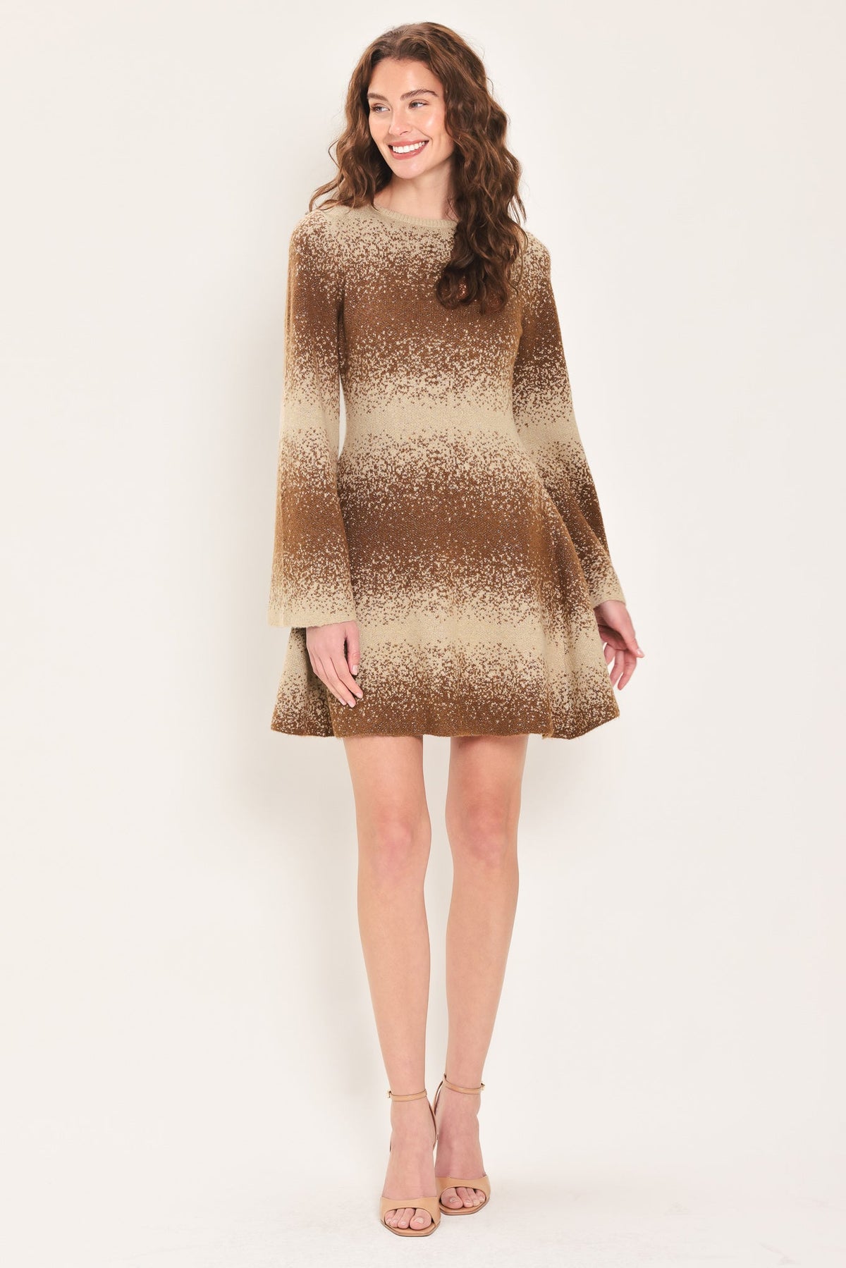 AUTUMN SHIMMER BROWN MULTI LUREX BELL-SLEEVE MINI DRESS - Flying Tomato - Flyclothing LLC
