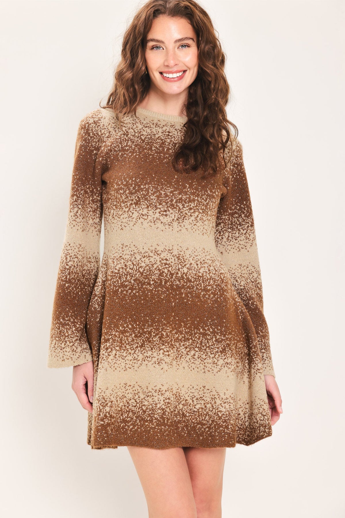 AUTUMN SHIMMER BROWN MULTI LUREX BELL-SLEEVE MINI DRESS - Flying Tomato - Flyclothing LLC