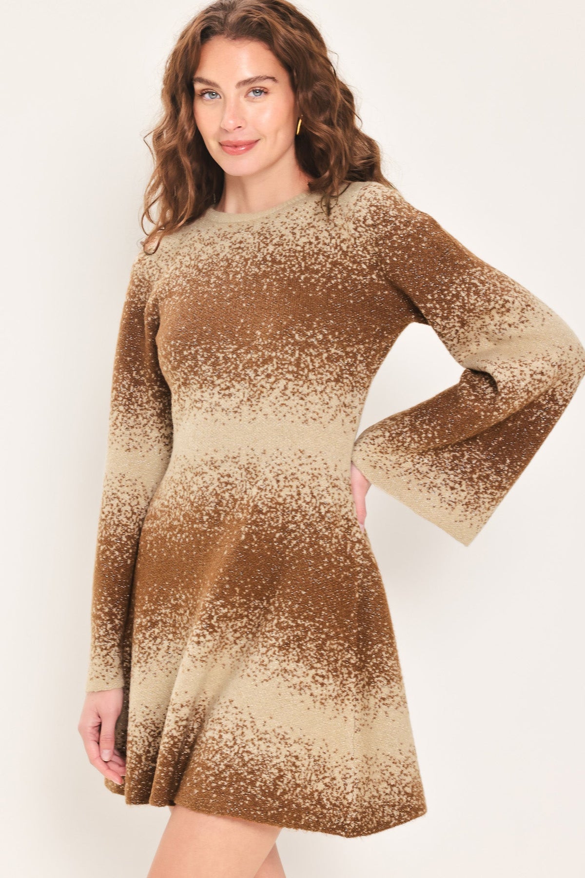 AUTUMN SHIMMER BROWN MULTI LUREX BELL-SLEEVE MINI DRESS - Flying Tomato - Flyclothing LLC