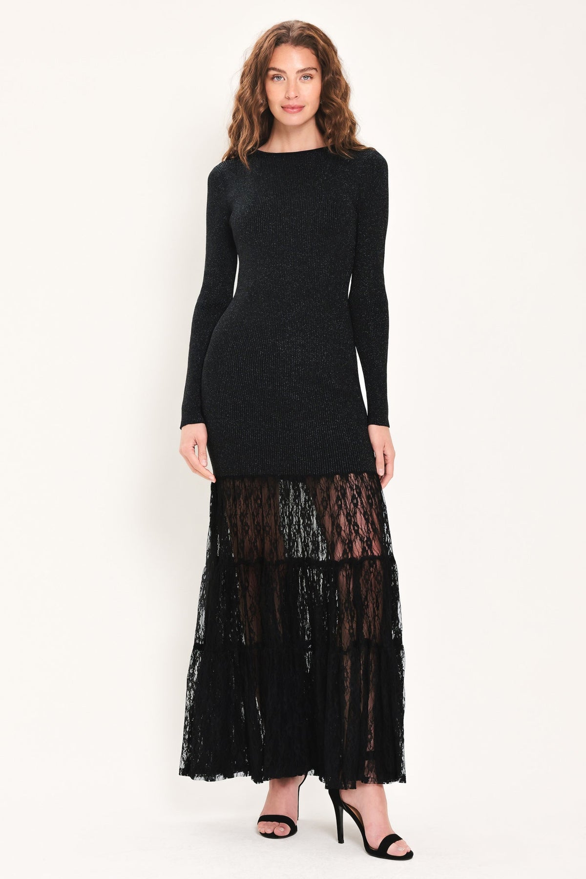 MIDNIGHT SHIMMER BLACK METALLIC LACE-HEM SWEATER MAXI DRESS - Flying Tomato - Flyclothing LLC