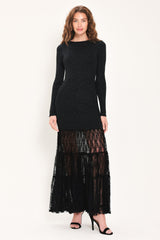 MIDNIGHT SHIMMER BLACK METALLIC LACE-HEM SWEATER MAXI DRESS - Flying Tomato - Flyclothing LLC