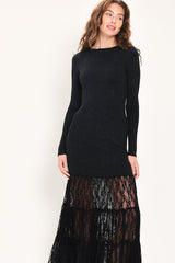 MIDNIGHT SHIMMER BLACK METALLIC LACE-HEM SWEATER MAXI DRESS - Flying Tomato - Flyclothing LLC