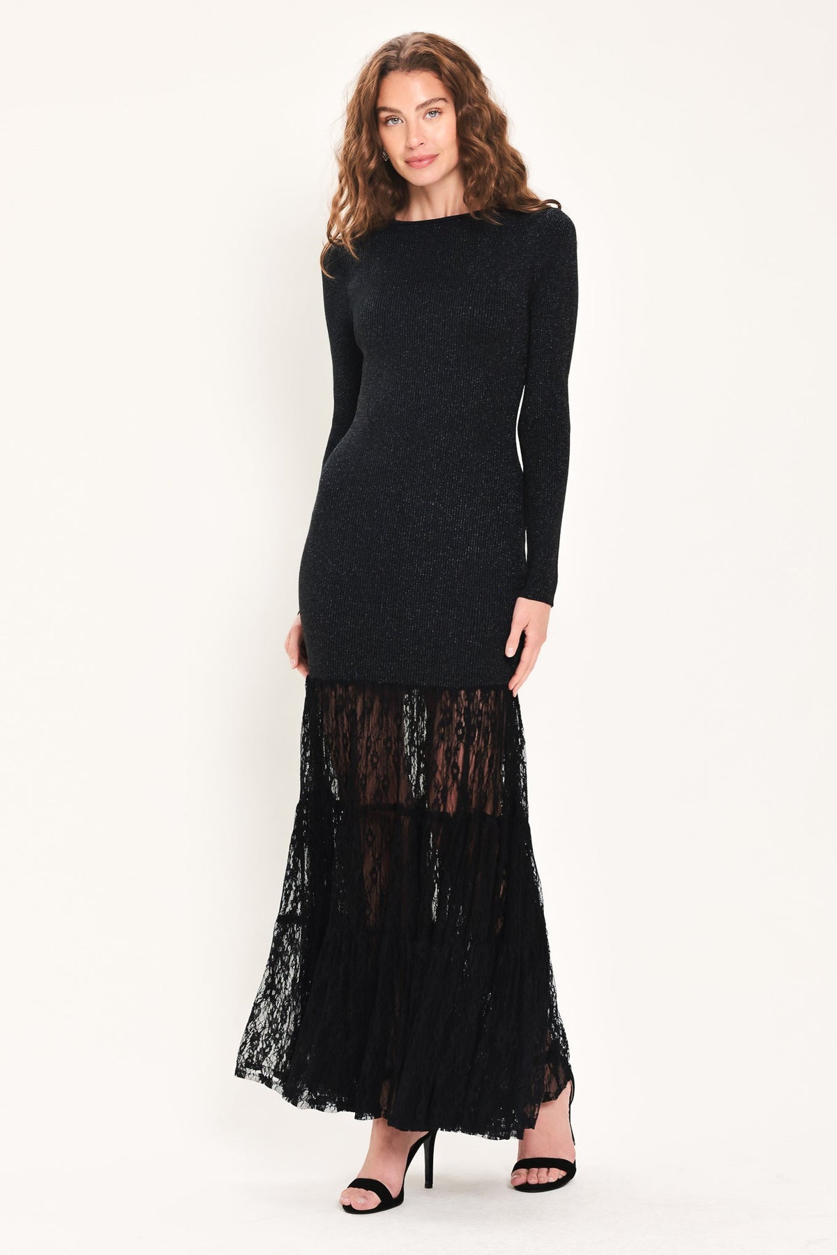 MIDNIGHT SHIMMER BLACK METALLIC LACE-HEM SWEATER MAXI DRESS - Flying Tomato - Flyclothing LLC