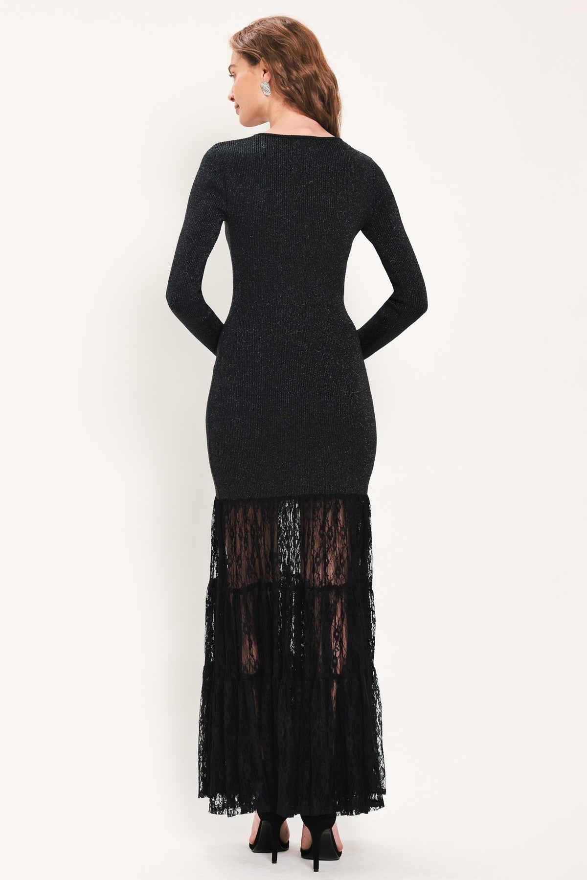 MIDNIGHT SHIMMER BLACK METALLIC LACE-HEM SWEATER MAXI DRESS - Flying Tomato - Flyclothing LLC