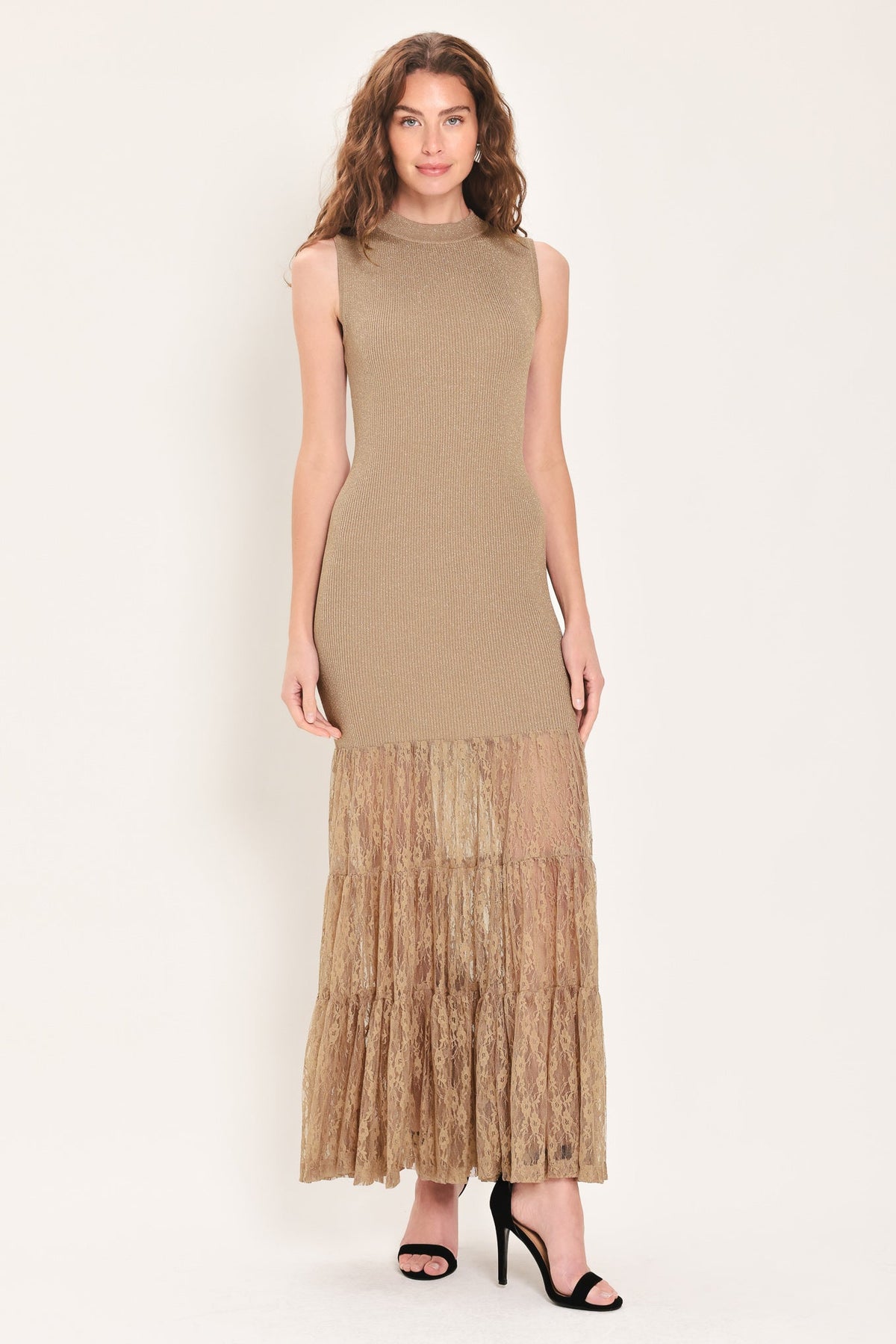 GILDED GRACE GOLD METALLIC LACE-TIER SWEATER MAXI DRESS - Flying Tomato - Flyclothing LLC