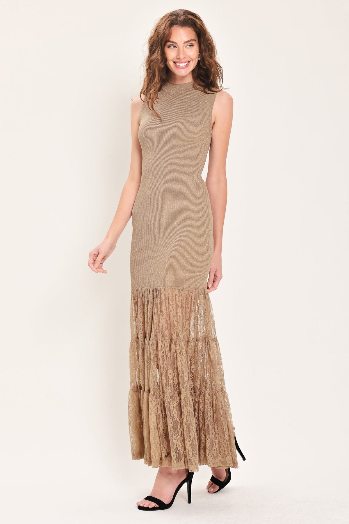 GILDED GRACE GOLD METALLIC LACE-TIER SWEATER MAXI DRESS - Flying Tomato - Flyclothing LLC
