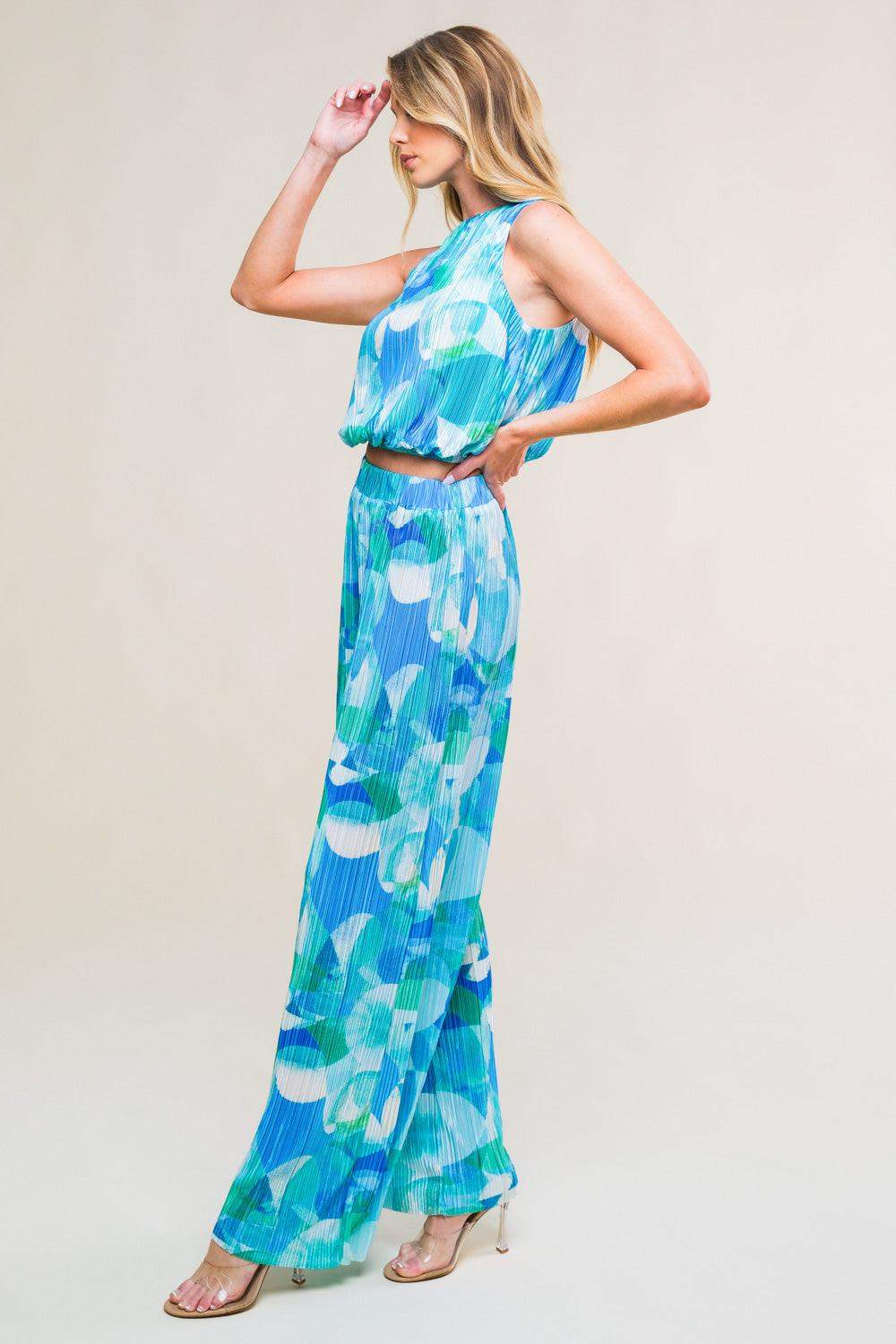 MARITIME MUSE WOVEN PLISSE TOP AND PANT SET - Flying Tomato - Flyclothing LLC