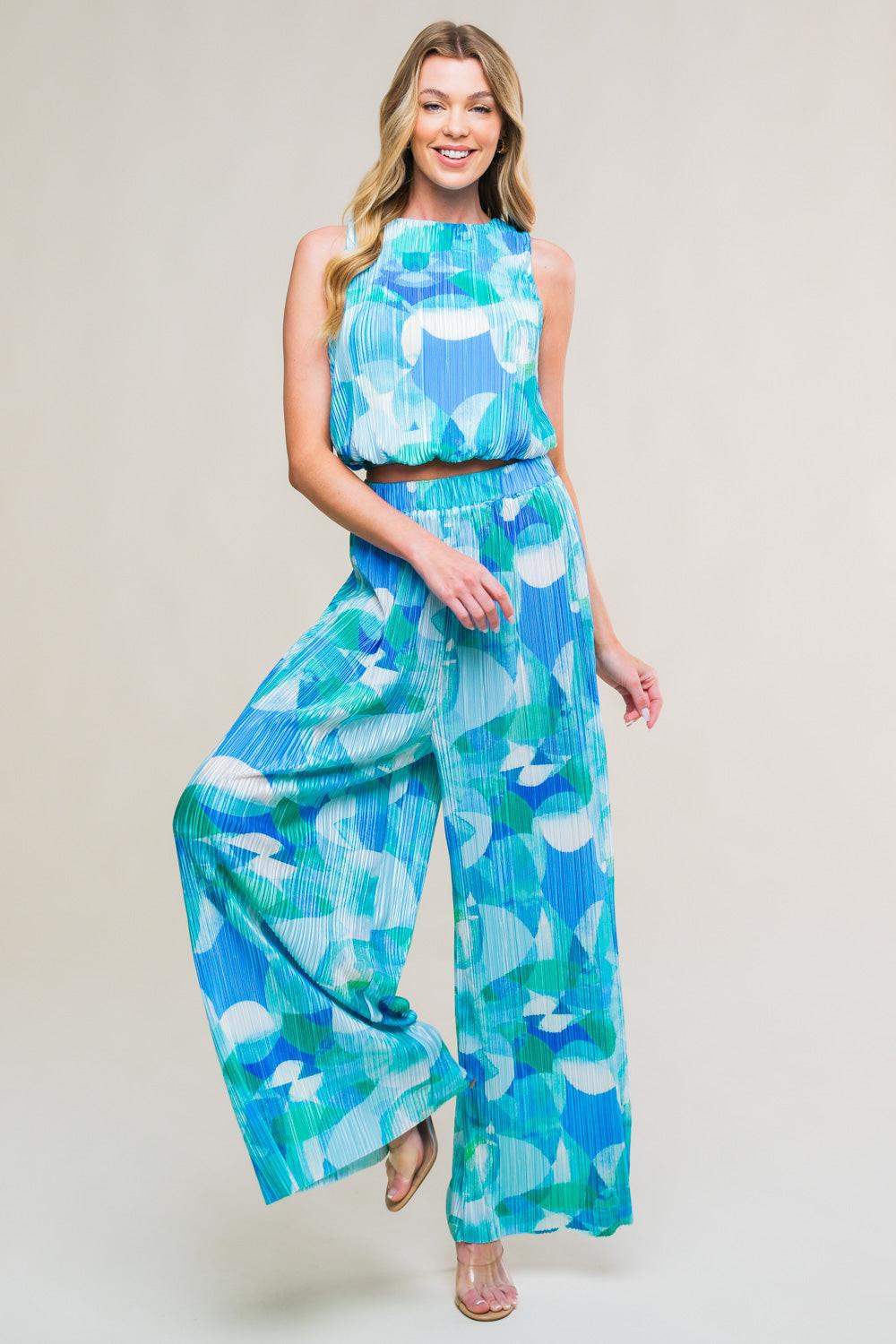 MARITIME MUSE WOVEN PLISSE TOP AND PANT SET - Flying Tomato - Flyclothing LLC