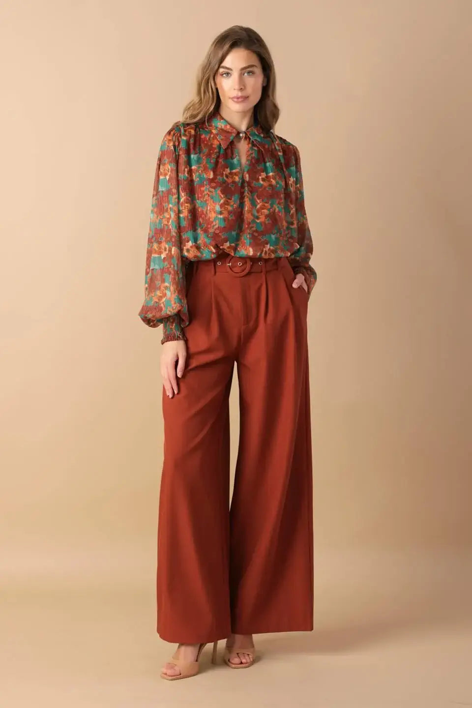 NOSTALGIC TEAL BROWN WOVEN TOP - Flying Tomato - Flyclothing LLC