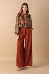 NOSTALGIC TEAL BROWN WOVEN TOP - Flying Tomato - Flyclothing LLC