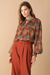 NOSTALGIC TEAL BROWN WOVEN TOP - Flying Tomato - Flyclothing LLC