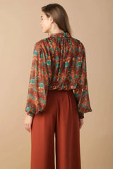 NOSTALGIC TEAL BROWN WOVEN TOP - Flying Tomato - Flyclothing LLC