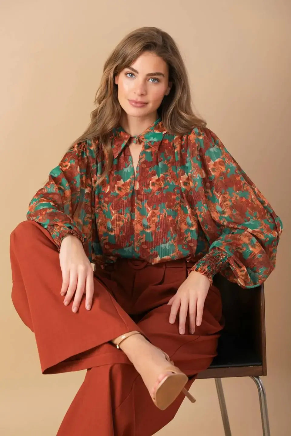 NOSTALGIC TEAL BROWN WOVEN TOP - Flying Tomato - Flyclothing LLC