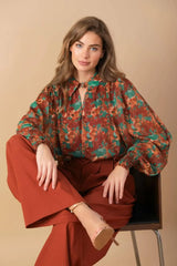 NOSTALGIC TEAL BROWN WOVEN TOP - Flying Tomato - Flyclothing LLC