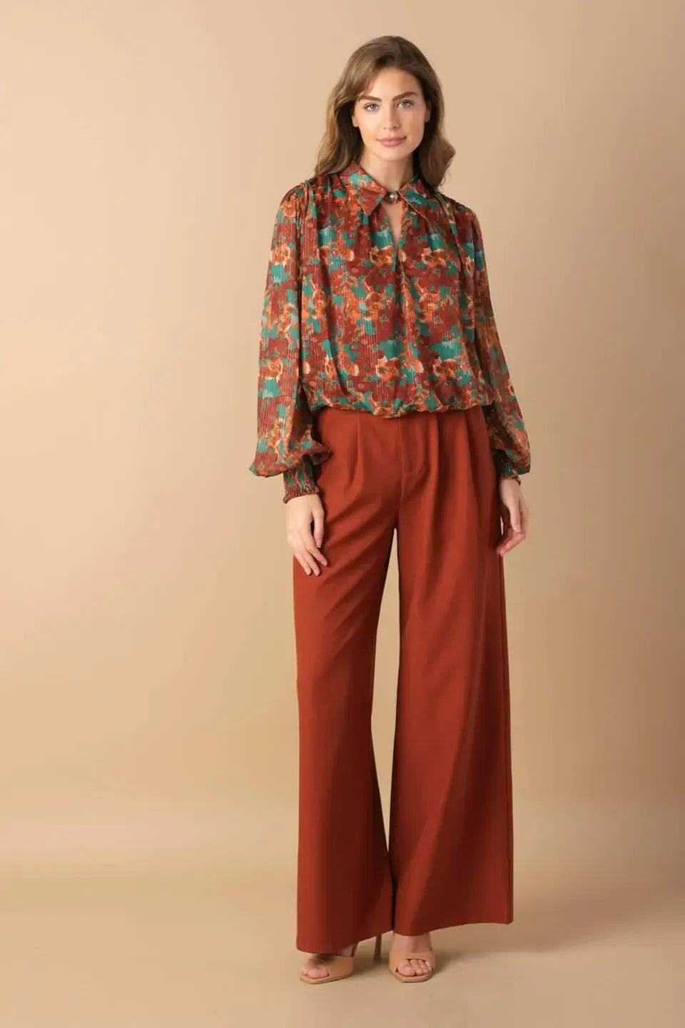NOSTALGIC TEAL BROWN WOVEN TOP - Flying Tomato - Flyclothing LLC