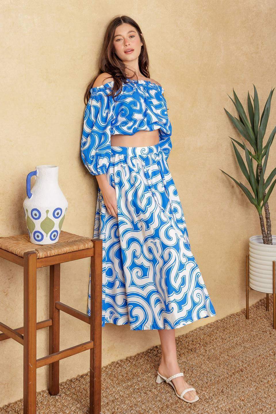 SUNSET SASHAY BLUE TOP AND SKIRT SET - Flying Tomato - Flyclothing LLC