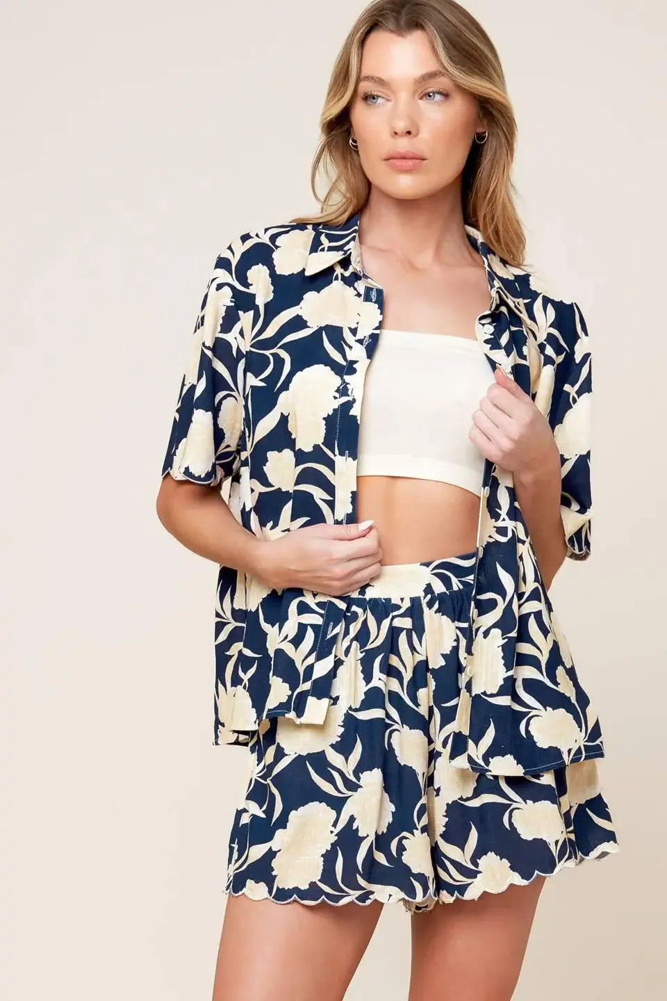 SLOW MORNINGS NAVY WOVEN TOP AND SHORTS SET - Flying Tomato - Flyclothing LLC