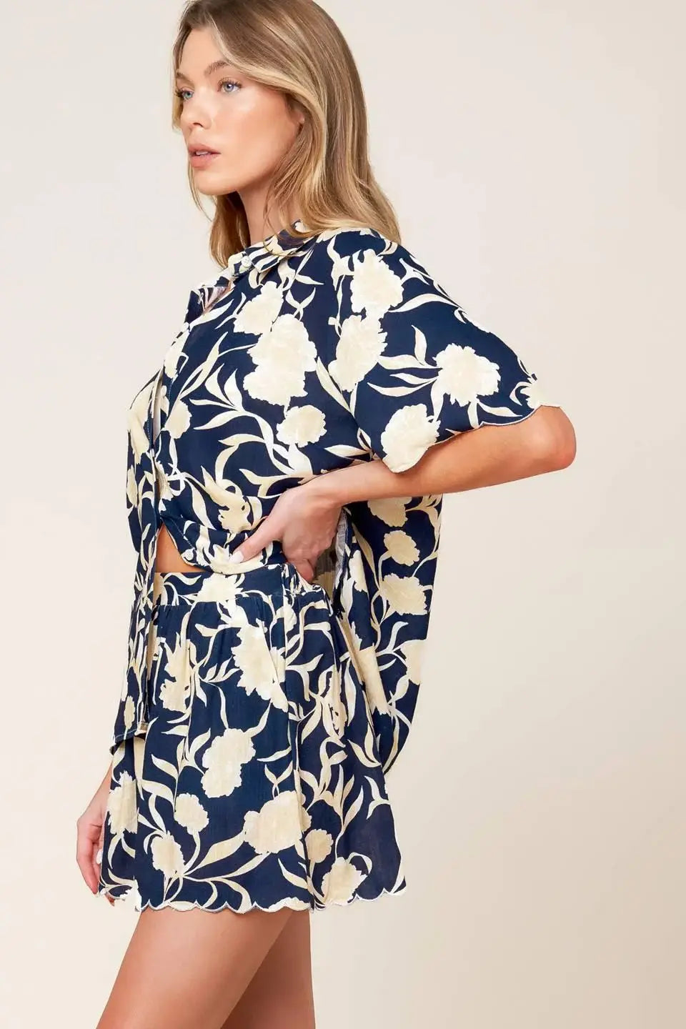 SLOW MORNINGS NAVY WOVEN TOP AND SHORTS SET - Flying Tomato - Flyclothing LLC
