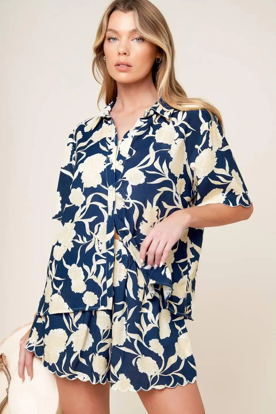 SLOW MORNINGS NAVY WOVEN TOP AND SHORTS SET - Flying Tomato - Flyclothing LLC