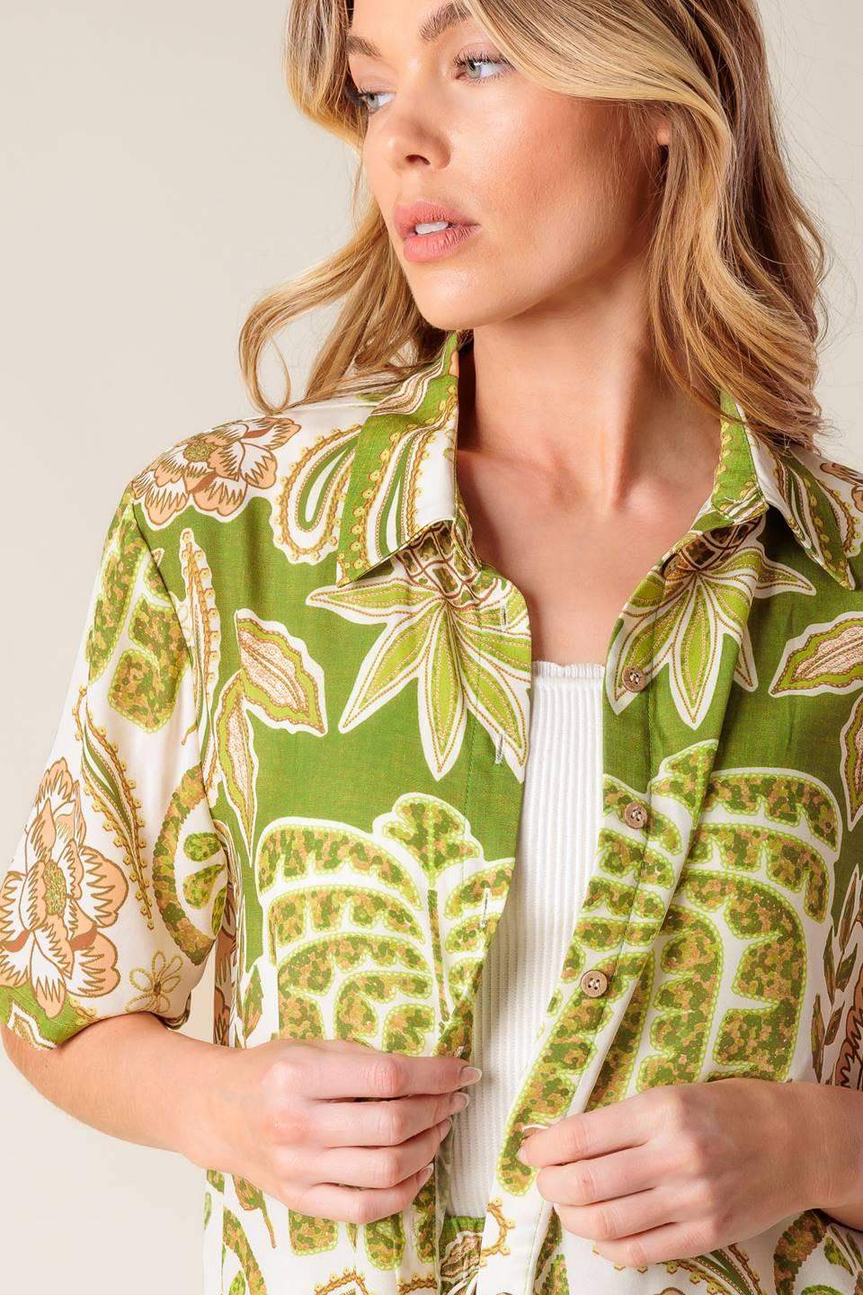 DISTANT ECHOES GREEN WOVEN SHIRT - Flying Tomato - Flyclothing LLC